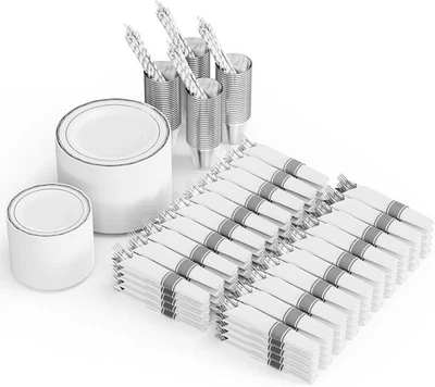 Juego de vajilla desechable 800 piezas 100 invitados elegantes platos de plástico plateados Foto 1 de 4