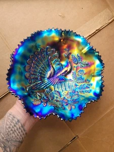Pretty Electric Blue Northwood Carnival Glass Peacocks on the Fence Bowl!!! - Picture 1 of 19