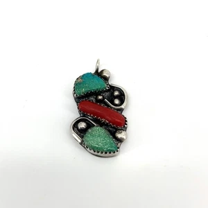 Vintage Native American Sterling Cluster Multi Stone Coral Turquoise Pendant - Picture 1 of 5