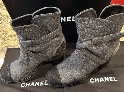 Chanel Metallic Tweed Booties With Ankle Straps Size 42 - Image 1 of 4