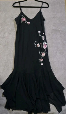 Vestido Y2K Fairycore Negro Floral De Colección Cachicho Acampanado Transparente Maxi Bordado Foto 1 de 4