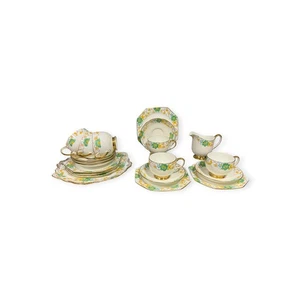 Vintage Royal Stafford Bone China Tea Set – Floral Yellow & Green, Gilt Trim - Picture 1 of 12