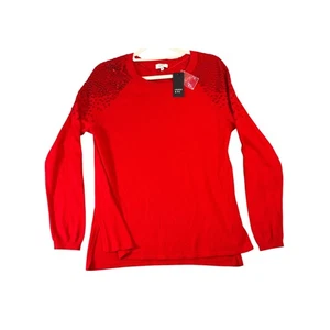 Crown & Ivy Red Sequin Shoulder Long Sleeve Sweater Top Women's Medium Glam - Picture 1 of 6