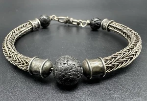 Vintage Sterling Silver Lava Stone Woven Bracelet 7.75” Long - Picture 1 of 10