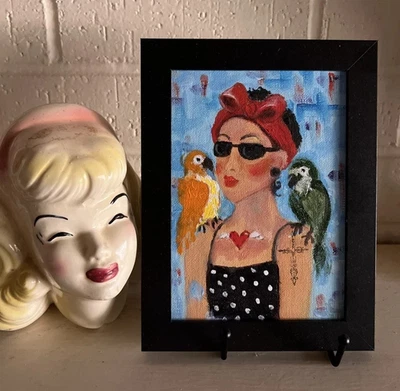 Arte Original Retrato de Niña Tatuada Acrílico 5" x 7" Firmado Enmarcado ÚNICO EN SU CLASE Foto 1 de 4