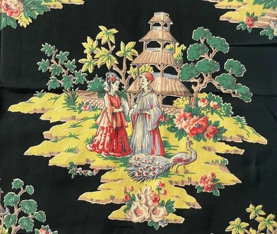 Vtg Chinoiserie Asian Pagoda  Barkcloth Fabric  2.5+ yds 47” W - Image 1 of 4