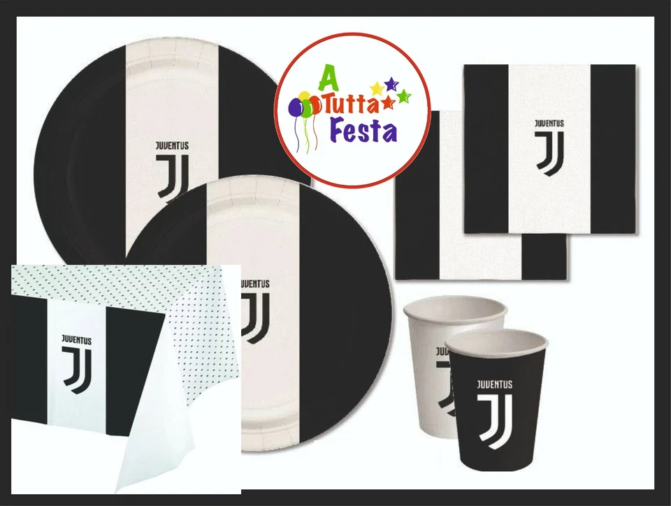 KIT ADDOBBI FESTA COMPLEANNO JUVENTUS X8X16X24X32X40 PERSONE PIATTI BICCHIERI - Immagine 1 di 1