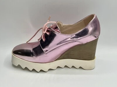 Womens Brogue Patent Leather Wedge Heels Creepers Pink Punk Shoes US 7/EU 37 - Image 1 of 4