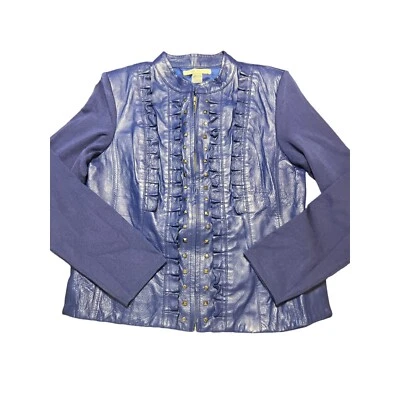 Chaqueta Suéter Peter Nygard Tachonada Volantes Cuero Tejido Azul Real Talla M Foto 1 de 4