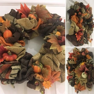 Halloween Thanksgiving Wreath Autumn Fall Harvest Festival Corduroy Pumpkins 14" - Picture 1 of 9