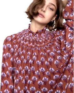 ZARA Floral Smocked Mock Neck Blouse Size S - Picture 1 of 8