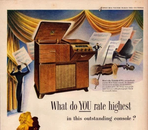 RCA Victor Console Radio Phonograph Violin Golden Throat Vintage Print Ad 1947 - Picture 1 of 5