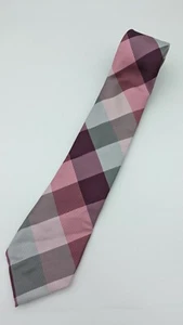 J Ferrar Pink Purple White Black Plaid Neck Tie with Tie Clip - Picture 1 of 8
