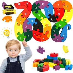Wooden Alphabet Puzzle for Kids, Learning Toys, Snake Montessori ABC Educational - Picture 1 of 6