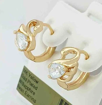 LAB CREATED 2.10 Cts WHITE SAPPHIRE SWAN EARRINGS 14K YELLOW GOLD PLATED - Image 1 of 4