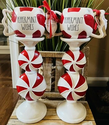 NUEVO Candelabro Bastón de Caramelo de Menta 11.5" y Tazas Deseos de Menta Rae Dunn Foto 1 de 4