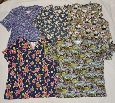 5 Camisetas Médicas BLANCAS CRUZADAS Para Mujer L GATOS, 3 Osos Botones, Arca de Noé, Floral Foto 1 de 4