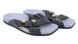 EMPORIO ARMANI Women Flats EU37 Leather Black Dog Tone Details Slip On Open Toe - Picture 1 of 9