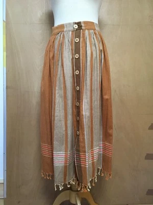 midi skirt cotton toast brown beige check fringe hem hand made button up front 8 - Image 1 of 4