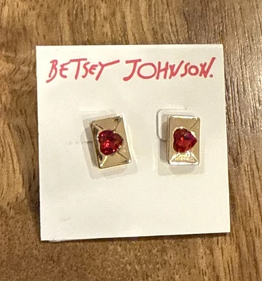 Betsey Johnson Gold Tone Love Letter Envelope Stud Earrings Red Crystal Heart - Image 1 of 2