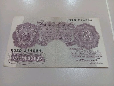 1940 - Banco de Inglaterra - Billete de 10 chelines, billete No. R77D 214984 - Peppiatt  Foto 1 de 2