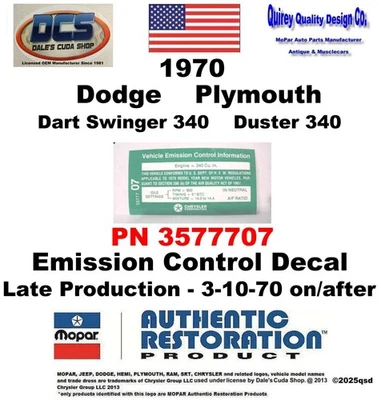 Dart Duster 340 1970 4bbl calcomanía de emisiones tardías 3577707 nuevo MoPar EE. UU. Foto 1 de 3