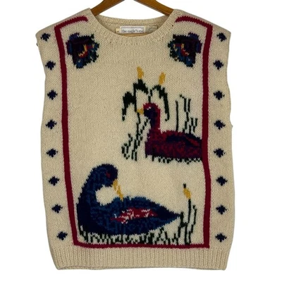 Vtg The Eagle's Eye Hand Knit Duck & Pond Sweater Vest Shetland Wool Intarsia - Image 1 of 4