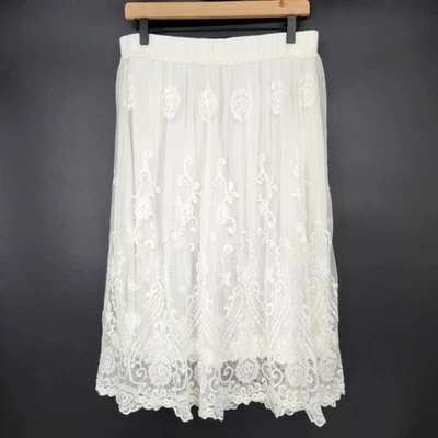 Lapis Womens Sheer Overlay Skirt L White Floral Midi Dainty Ethereal Romantic - Image 1 of 4