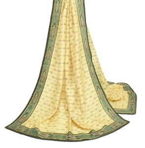 Sushila Vintage Cream Ikat Scrap Dupatta Pure Silk Hand Woven Remnant Long Stole - Picture 1 of 11