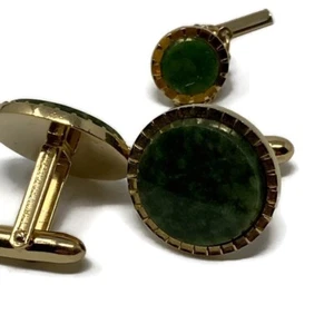 Lamode Karatclad Green Jadite Gold Tone Cuff links Tie Vintage - Picture 1 of 4