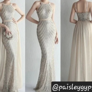 Silver,  O Neck, Sleeveless,  Detachable Skirt, Sequined Mermaid Gown - Picture 1 of 12