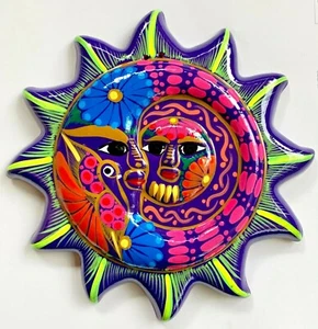 Mexican Sun Moon Face Eclipse Folk Art Talavera Pottery Hand Painted 11"  #31 - Picture 1 of 3