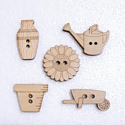Wooden Gardening Button Flower Vase Plant Pot Watering Can Wheelbarrow Art Craft - Image 1 of 4