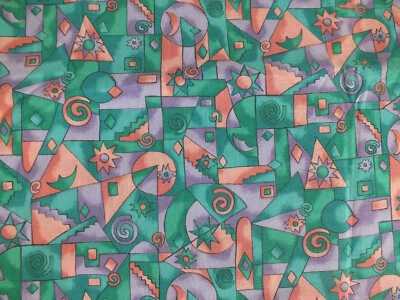 29"x44" Mod star swirl green peach cotton quilt fabric Hoffman Ca. Geometric zig - Image 1 of 2