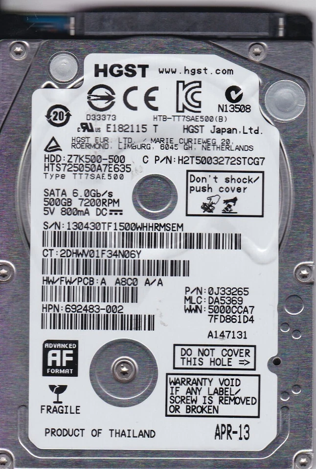 HGST HTS725050A7E635 pn: 0J33265 mlc: DA5369 Thailand 500GB SATA A23-24 - Image 1 of 2