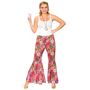 Ladies Flower Power Hippie Pants Bell-Bottoms Trousers Halloween Fancy Dress - Picture 1 of 1