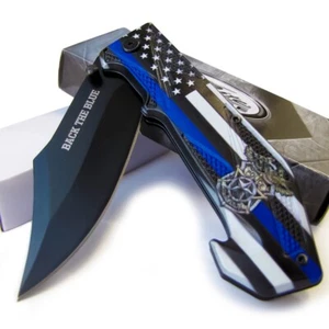 POLICE Spring Assisted Knife BACK THE BLUE BLUE LINE FLAG Pocket Folding Folder - Picture 1 of 7