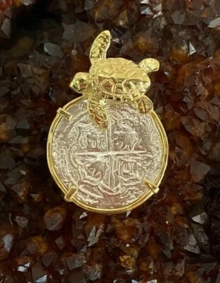 Colgante Tortuga Moneda ATOCHA Plata de Ley Revestido Oro 14k Tesoro Naufragio  Foto 1 de 4