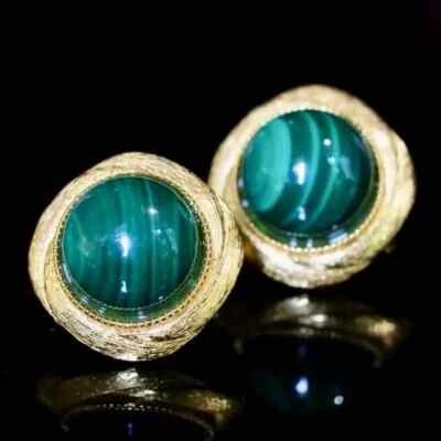 Красивые запонки из серебра 925 пробы с позолотой натуральный малахит драгоценный камень - Изображение 1 из 4