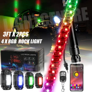 Bluetooth Pair 3ft RGB Spiral LED Whip Lights + Pods RGB Rock Lights ATV UTV RZR - Picture 1 of 15
