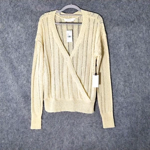 Astr Sweater Large Open Crochet Knit Cream Long Sleeve V Neck Pullover Coastal - Picture 1 of 20