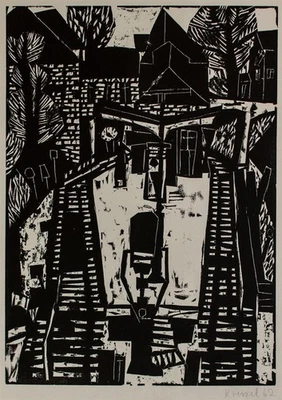 Diether Kressel Bahnhof Architektur Stadt signiert Holzschnitt 1962 - Bild 1 von 2