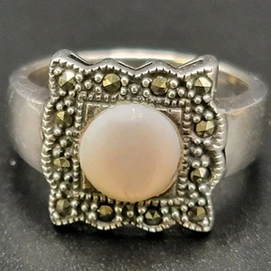 Art Deco Inspired Designer NF 925 Sterling Mother Of Pearl Square Marcasite Ring - Picture 1 of 23