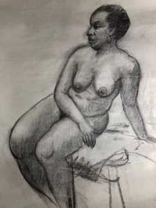 Simone Barbié — nu assis — fusain sur papier Ingres — 64x48 cm — timbre au dos - Picture 1 of 3