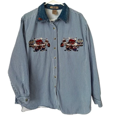 Винтажный вышитый джинсовый полосатый топ размер 18 20 плюшевые медвежата тыквы осень 90-е плюс - Изображение 1 из 4