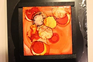 "Japanese Red Circles" Abstract Ink Painting 6"X 6" Ceramic Tile 10"X10" Frame - Picture 1 of 2