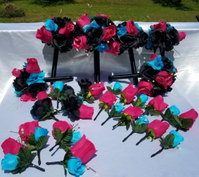 Wedding Bouquet Set - Black, Bright Pink, Turquoise Rose Flowers - 26 pieces - Image 1 of 4
