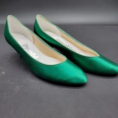 Zapatos de tacón vintage de satén verde Dyeables by Highlights de los años 80 para mujer talla 6,5 Foto 1 de 4