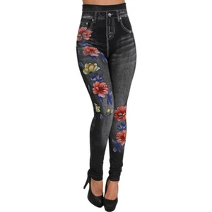 Ladies Womens Stretchy Denim Look Skinny Jeggings Leggings Pants Plus Size S~3XL - Picture 1 of 9
