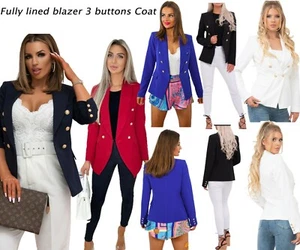New Ladies Gold Button Fully Lined Coat stretch military style blazer jacket UK - Picture 1 of 18